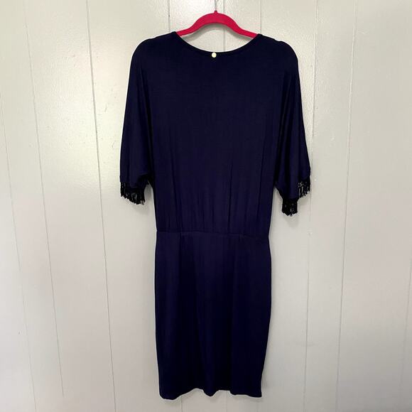 Trina Turk Indigo Blue Bird of Paradise Knit Tassels Party Blouson Dress S - Picture 7 of 10